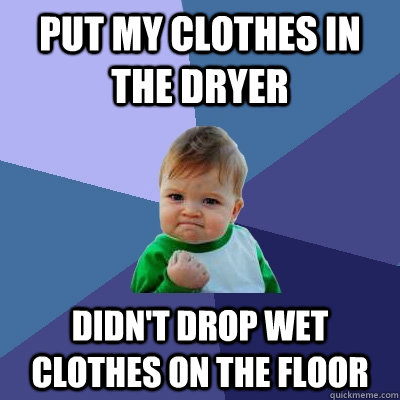 put my clothes in the dryer didn't drop wet clothes on the floor  Success Kid