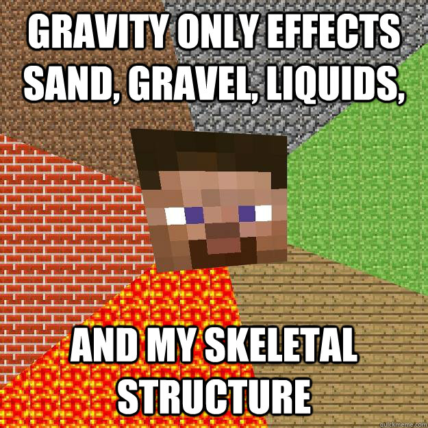 Gravity only effects sand, gravel, liquids, and my skeletal structure  Minecraft