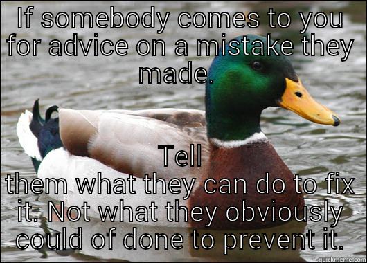 IF SOMEBODY COMES TO YOU FOR ADVICE ON A MISTAKE THEY MADE.  TELL THEM WHAT THEY CAN DO TO FIX IT. NOT WHAT THEY OBVIOUSLY COULD OF DONE TO PREVENT IT. Actual Advice Mallard