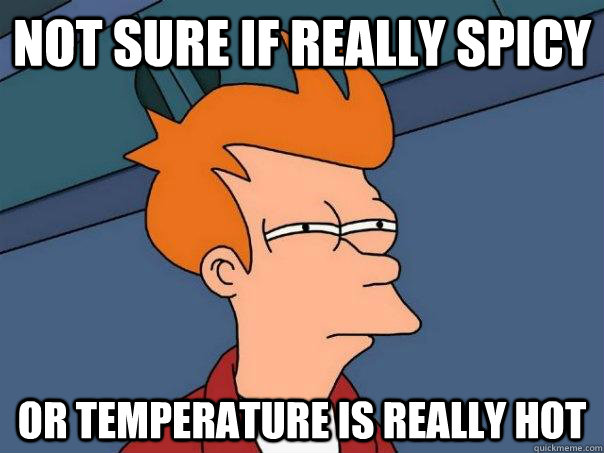 Not sure if really spicy Or temperature is really hot - Not sure if really spicy Or temperature is really hot  Futurama Fry