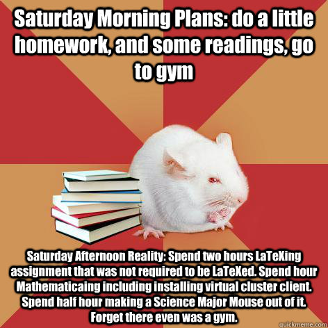 Saturday Morning Plans: do a little homework, and some readings, go to gym Saturday Afternoon Reality: Spend two hours LaTeXing assignment that was not required to be LaTeXed. Spend hour Mathematicaing including installing virtual cluster client. Spend ha - Saturday Morning Plans: do a little homework, and some readings, go to gym Saturday Afternoon Reality: Spend two hours LaTeXing assignment that was not required to be LaTeXed. Spend hour Mathematicaing including installing virtual cluster client. Spend ha  Science Major Mouse