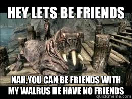 Hey lets be friends nah,you can be friends with my walrus he have no friends  