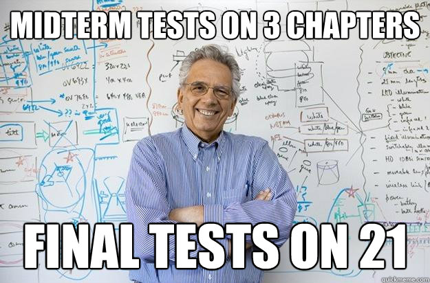 Midterm tests on 3 chapters final tests on 21  Engineering Professor