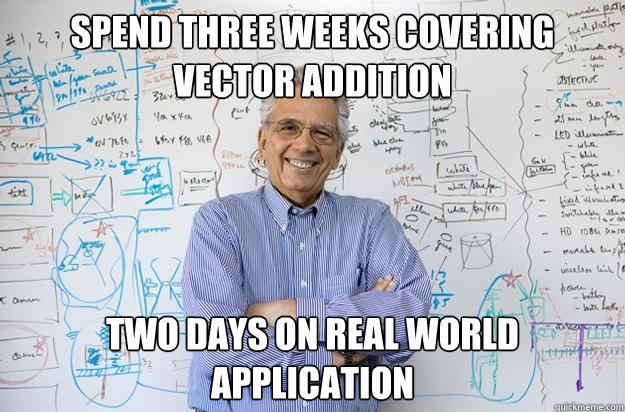 Spend Three weeks covering vector addition Two Days on real world application  Engineering Professor