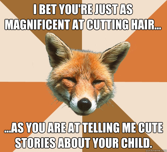 I bet you're just as magnificent at cutting hair... ...as you are at telling me cute stories about your child.  Condescending Fox