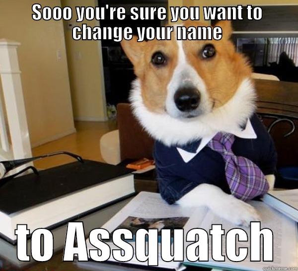 SOOO YOU'RE SURE YOU WANT TO CHANGE YOUR NAME TO ASSQUATCH Lawyer Dog