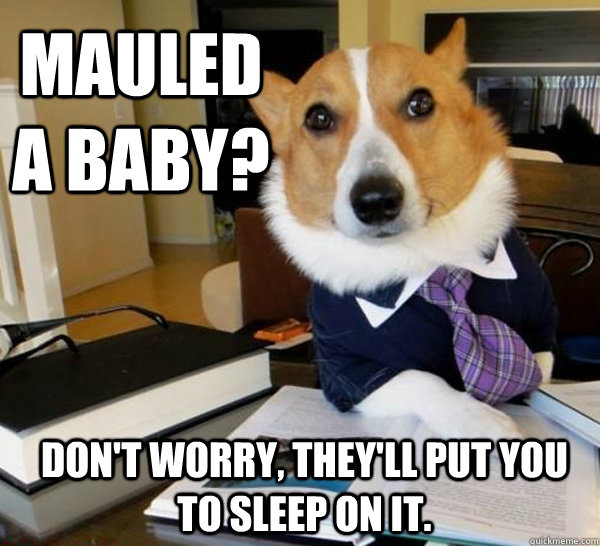 Mauled a baby? Don't worry, they'll put you to sleep on it.  Lawyer Dog