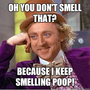 Oh you don't smell that?  Because I keep smelling poop!  - Oh you don't smell that?  Because I keep smelling poop!   Condescending Wonka