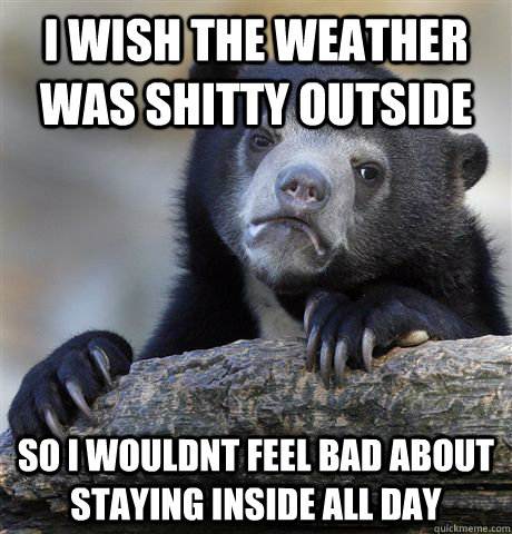 i wish the weather was shitty outside so i wouldnt feel bad about staying inside all day  Confession Bear