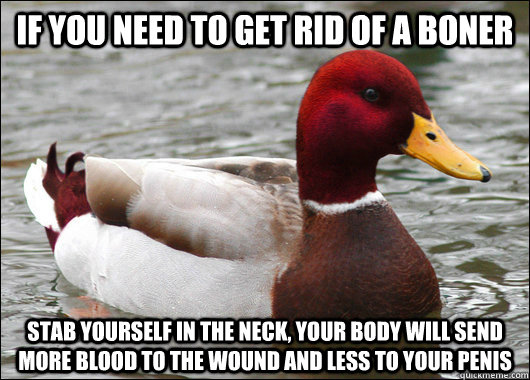 if you need to get rid of a boner stab yourself in the neck, your body will send more blood to the wound and less to your penis  Malicious Advice Mallard