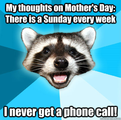 My thoughts on Mother's Day: There is a Sunday every week I never get a phone call!  Lame Pun Coon