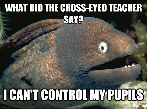 what did the cross-eyed teacher say? i can't control my pupils  Bad Joke Eel