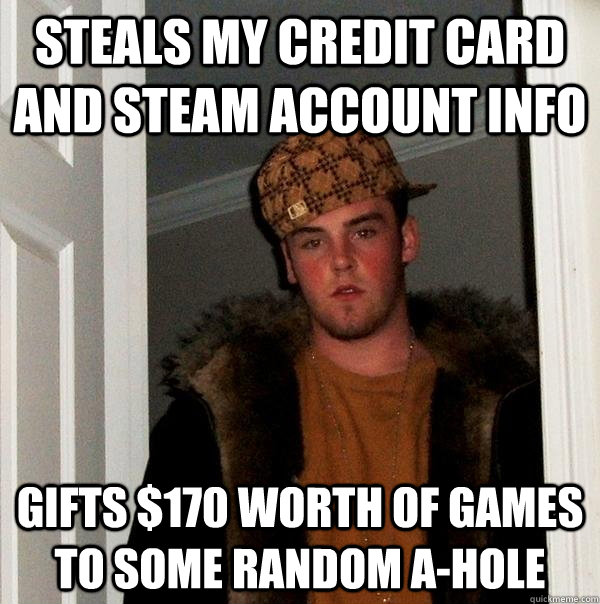 Steals my credit card and steam account info gifts $170 worth of games to some random a-hole - Steals my credit card and steam account info gifts $170 worth of games to some random a-hole  Scumbag Steve