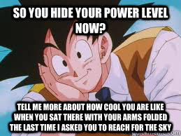 So you hide your power level now? Tell me more about how cool you are like when you sat there with your arms folded the last time I asked you to Reach for the sky - So you hide your power level now? Tell me more about how cool you are like when you sat there with your arms folded the last time I asked you to Reach for the sky  Misc