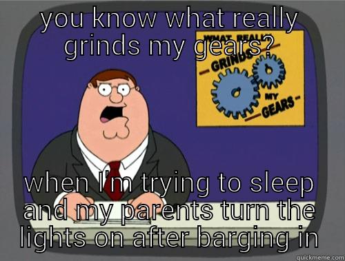 YOU KNOW WHAT REALLY GRINDS MY GEARS? WHEN I'M TRYING TO SLEEP AND MY PARENTS TURN THE LIGHTS ON AFTER BARGING IN Grinds my gears