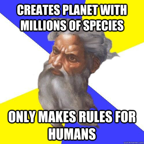 Creates planet with millions of species only makes rules for humans  Advice God