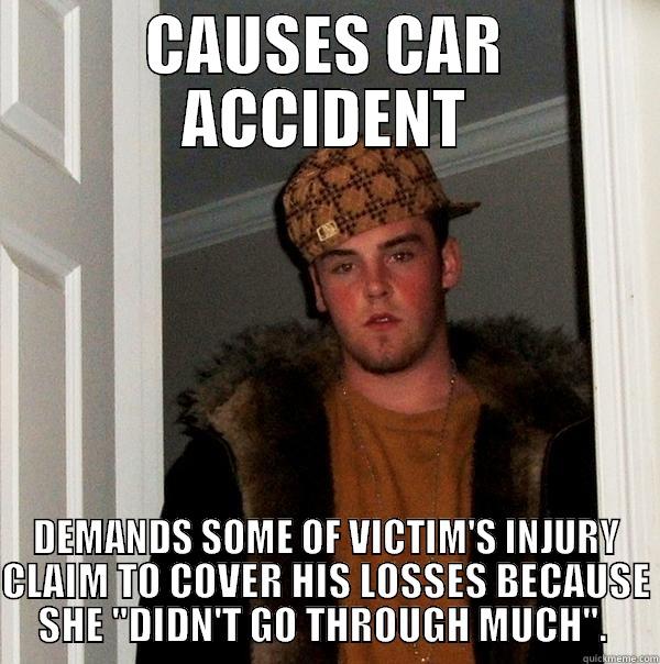 CAUSES CAR ACCIDENT DEMANDS SOME OF VICTIM'S INJURY CLAIM TO COVER HIS LOSSES BECAUSE SHE 