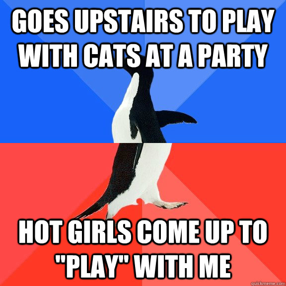 Goes upstairs to play with cats at a party hot girls come up to 