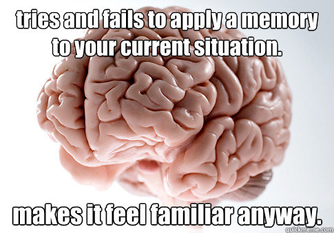 tries and fails to apply a memory to your current situation. makes it feel familiar anyway.   Scumbag Brain