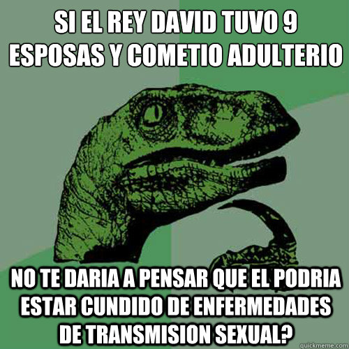 Si el rey David tuvo 9 esposas y cometio adulterio No te daria a pensar que el podria estar cundido de enfermedades de transmision sexual?  Philosoraptor