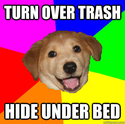 Turn over trash hide under bed  Advice Dog