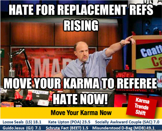 Hate for replacement refs rising Move your karma to referee hate now!  Jim Kramer with updated ticker