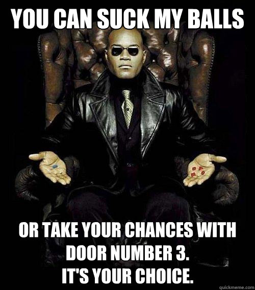 You can suck my balls or take your chances with door number 3.  
It's Your choice.  Morpheus