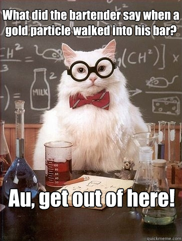 What did the bartender say when a gold particle walked into his bar? Au, get out of here!  Chemistry Cat