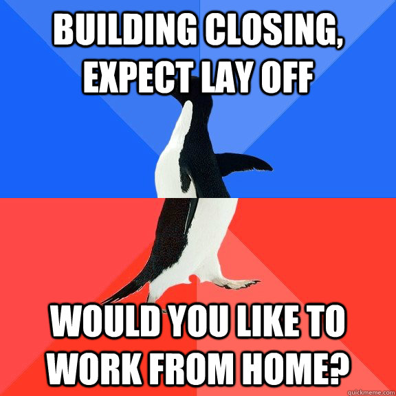 Building closing, expect lay off  Would you like to work from home?   Socially Awkward Awesome Penguin