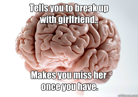 Tells you to break up
with girlfriend.. Makes you miss her
 once you have.    Scumbag Brain