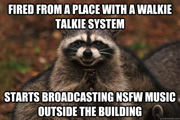 Fired from a place with a walkie talkie system Starts broadcasting NSFW music outside the building  Evil Plotting Raccoon