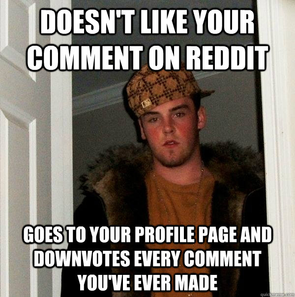 Doesn't like your comment on Reddit Goes to your profile page and downvotes every comment you've ever made   Scumbag Steve