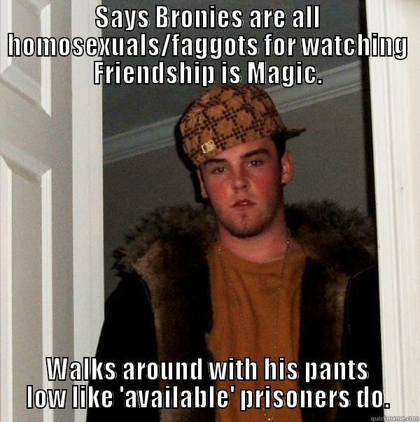 SAYS BRONIES ARE ALL HOMOSEXUALS/FAGGOTS FOR WATCHING FRIENDSHIP IS MAGIC. WALKS AROUND WITH HIS PANTS LOW LIKE 'AVAILABLE' PRISONERS DO. Scumbag Steve