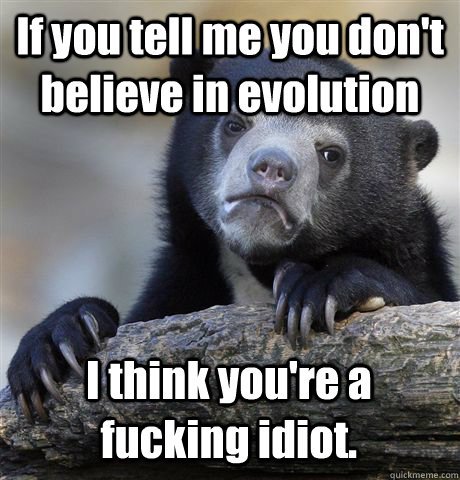 If you tell me you don't believe in evolution I think you're a fucking idiot.   Confession Bear