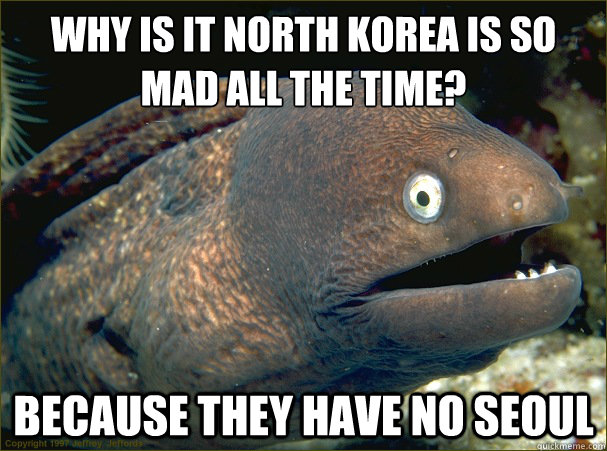 WHY IS IT NORTH KOREA IS SO MAD ALL THE TIME?
 BECAUSE THEY HAVE NO SEOUL - WHY IS IT NORTH KOREA IS SO MAD ALL THE TIME?
 BECAUSE THEY HAVE NO SEOUL  Bad Joke Eel