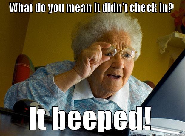 read the screen, grandma - WHAT DO YOU MEAN IT DIDN'T CHECK IN? IT BEEPED! Grandma finds the Internet