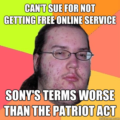 can't sue for not
getting free online service Sony's terms worse than the patriot act  Butthurt Dweller