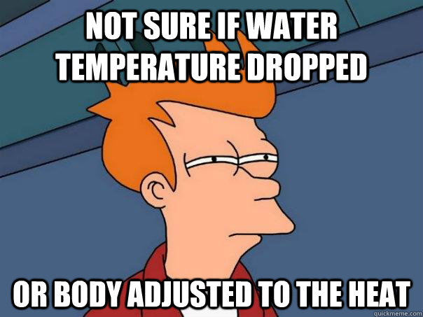 Not sure if water temperature dropped Or body adjusted to the heat - Not sure if water temperature dropped Or body adjusted to the heat  Futurama Fry