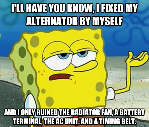 I'll have you know, i fixed my alternator by myself and I only ruined the radiator fan, a battery terminal, the ac unit, and a timing belt.  Tough Spongebob