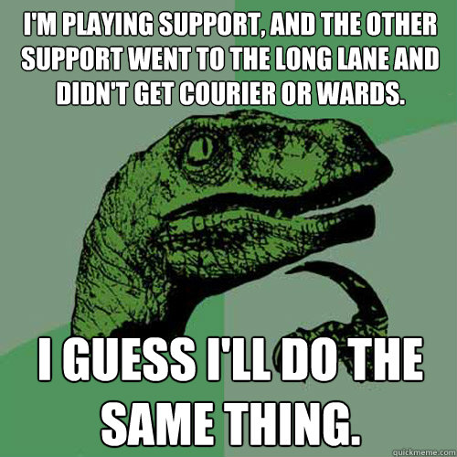 I'm playing support, and the other support went to the long lane and didn't get courier or wards. I guess I'll do the same thing.  Philosoraptor