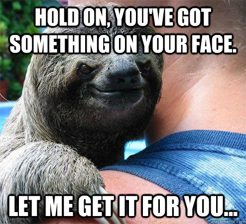 Hold on, you've got something on your face. Let me get it for you...  Suspiciously Evil Sloth