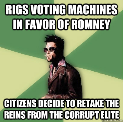 Rigs voting machines in favor of romney citizens decide to retake the reins from the corrupt elite  Helpful Tyler Durden