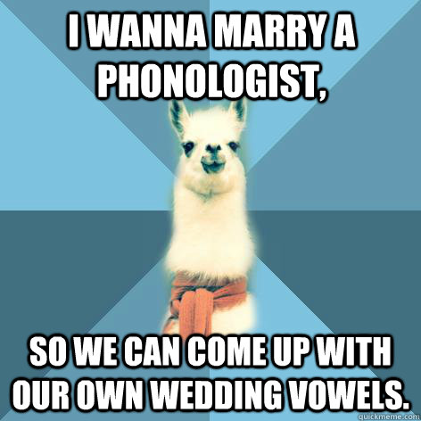 I wanna marry a phonologist, so we can come up with our own wedding vowels. - I wanna marry a phonologist, so we can come up with our own wedding vowels.  Linguist Llama