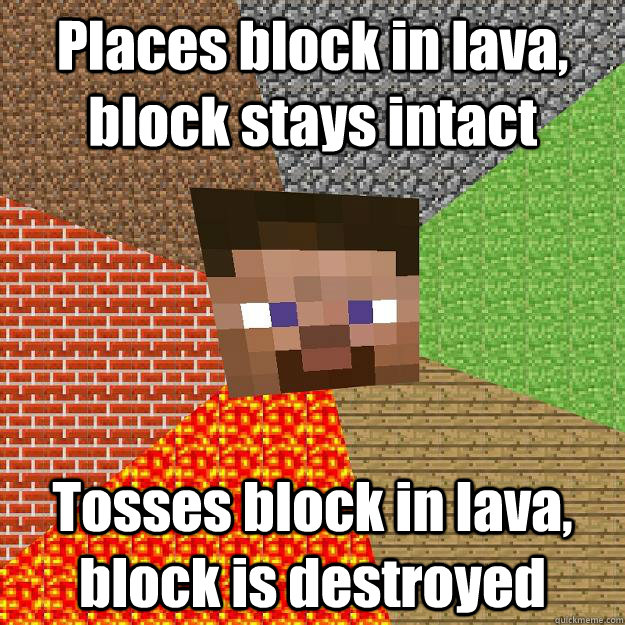 Places block in lava, block stays intact Tosses block in lava, block is destroyed  Minecraft