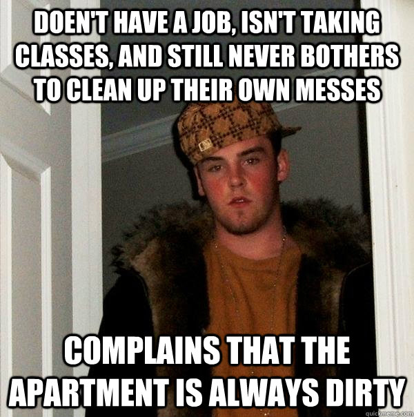 doen't have a job, isn't taking classes, and still never bothers to clean up their own messes complains that the apartment is always dirty  Scumbag Steve