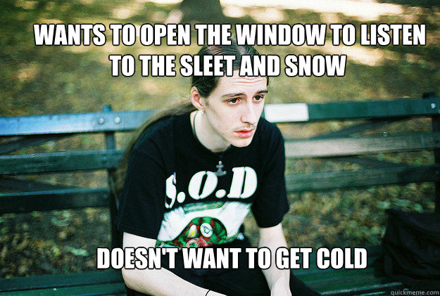  wants to open the window to listen to the sleet and snow  doesn't want to get cold  First World Metal Problems