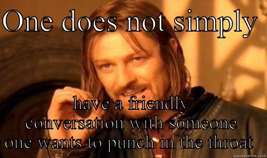 ONE DOES NOT SIMPLY  HAVE A FRIENDLY CONVERSATION WITH SOMEONE ONE WANTS TO PUNCH IN THE THROAT  Boromir