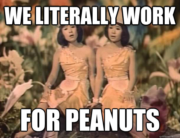 We literally work  for peanuts 
 - We literally work  for peanuts 
  The Peanuts