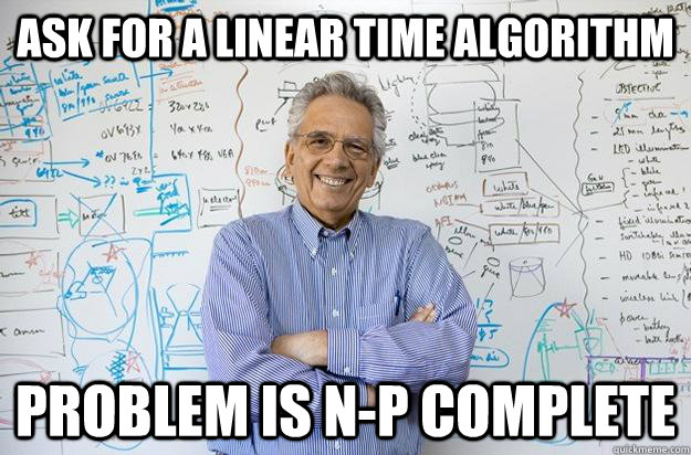 Ask for a linear time algorithm Problem is N-P Complete  Engineering Professor