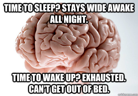 Time to sleep? Stays wide awake all night. Time to wake up? exhausted. Can't get out of bed.  Scumbag Brain